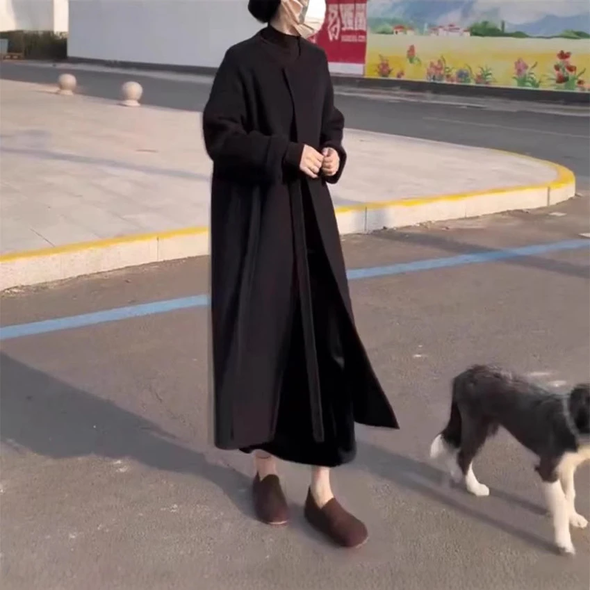 冬季新款黑色日韩休闲腰带系带长袖通勤气质长款风衣外套大衣女装