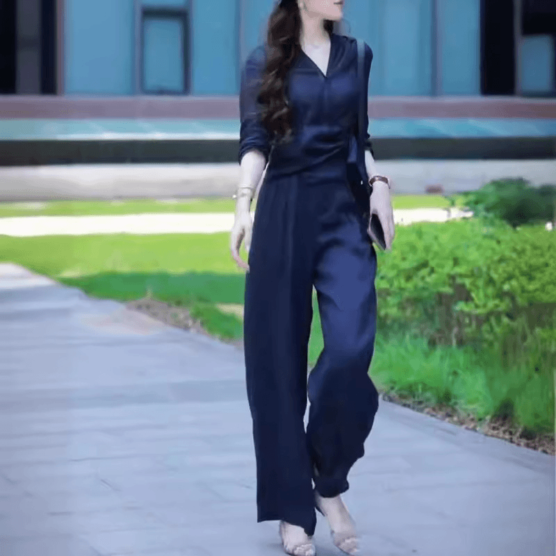 复古赫本风纯色V领上衣宽松阔腿裤两件套度假风简约时尚通勤套装