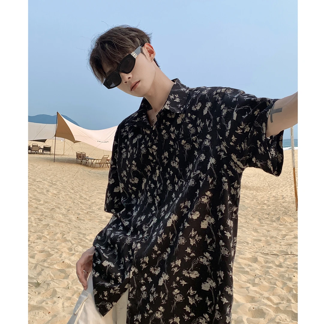 vintage古巴领花衬衫男夏季潮牌痞帅冰丝短袖衬衣美式复古风外套