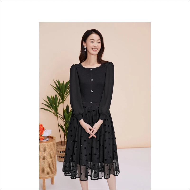 YINER音儿网纱拼接时尚法式优雅黑色女装连衣裙8C63106626