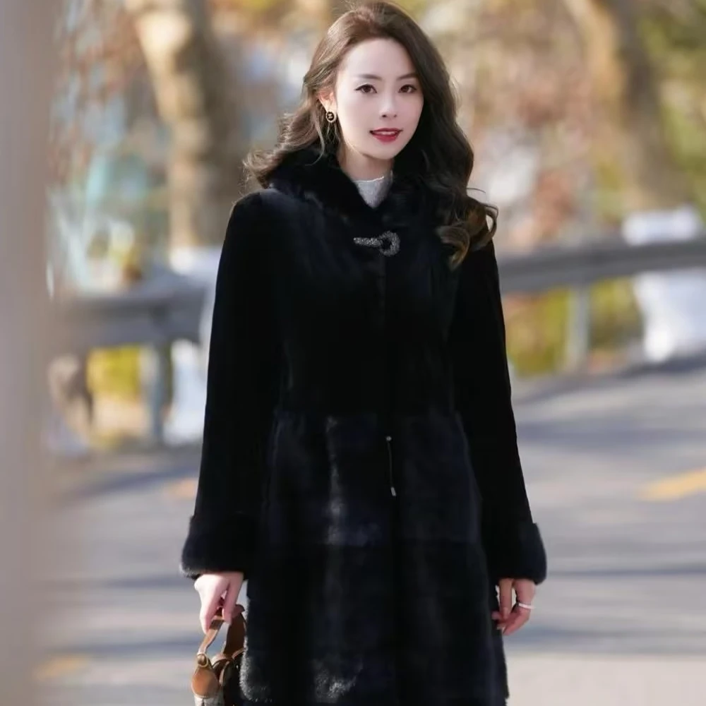 YINER音儿女装冬连帽长款黑色贵气优雅气质水貂皮草8C63509190