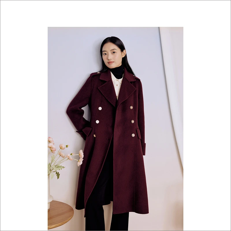 Goodland美地冬季酒红色显白翻领双面呢绵羊毛大衣LC63580510