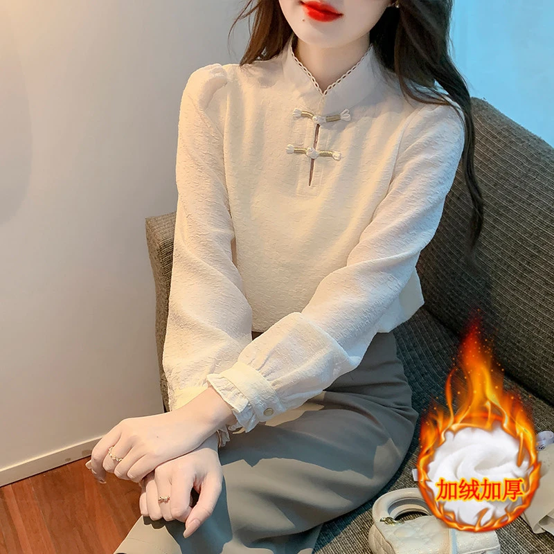 加绒加厚复古国风新中式雪纺衬衫女秋冬季2024年新款长袖盘扣衬衣