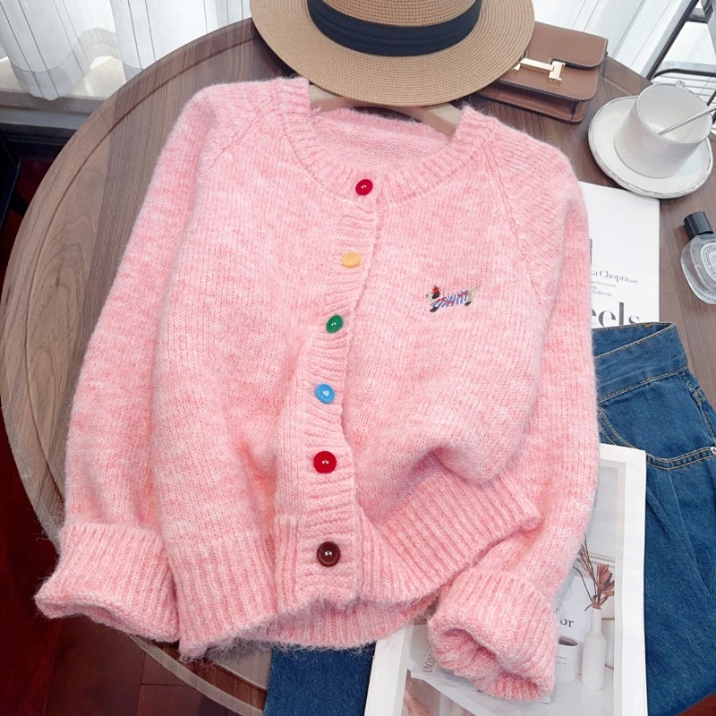慵懒风甜美刺绣软糯长袖针织开衫女秋冬新款彩色纽扣宽松毛衣外套