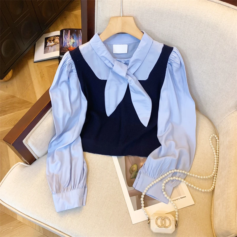 假两件针织马甲蓝色衬衫早秋女装2025新款长袖法式高级感衬衣上衣