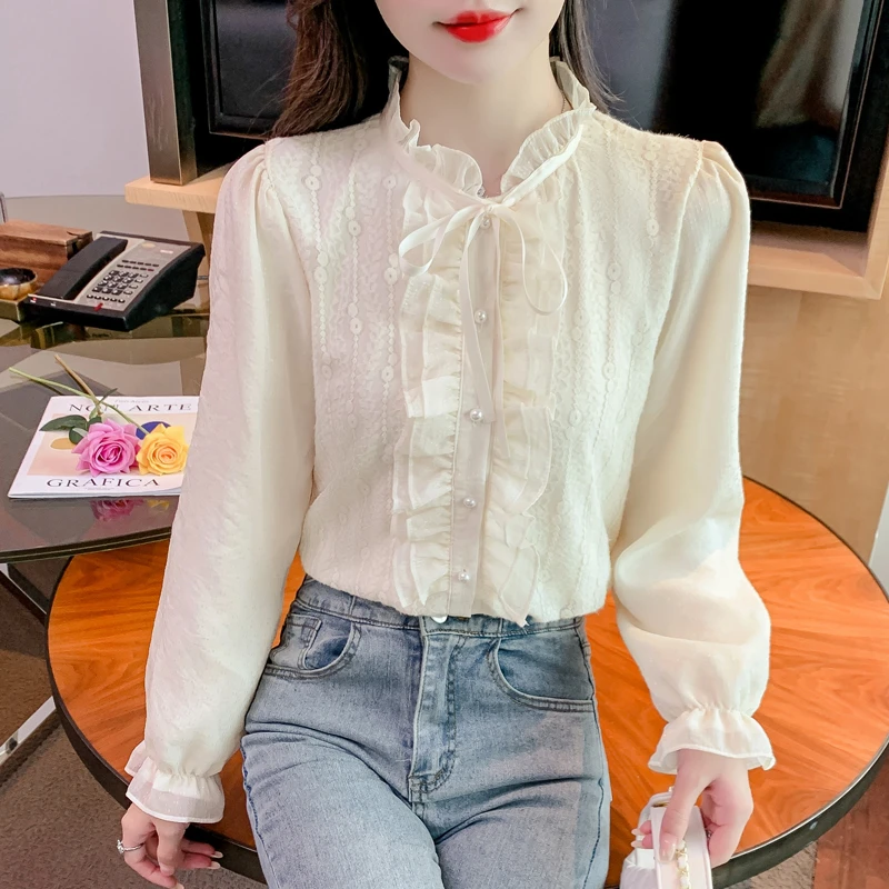 立领长袖木耳边雪纺衬衫女2024秋季新款休闲法式名媛风衬衣上衣潮