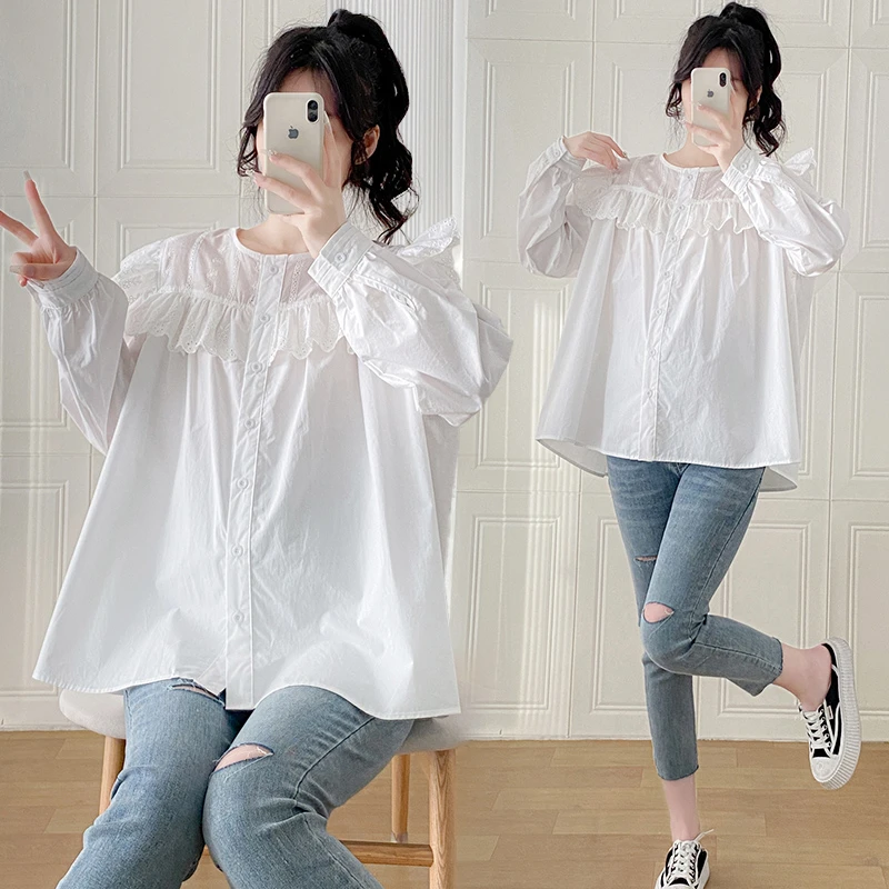 孕妇装春装甜美长袖衬衣蕾丝拼接花边娃娃衫时尚长袖白色上衣