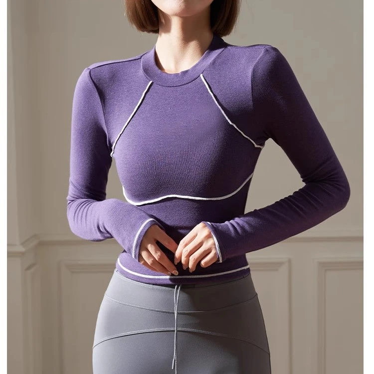 高领运动健身撞色柔软高弹长袖瑜伽服紧身跑步上衣2390