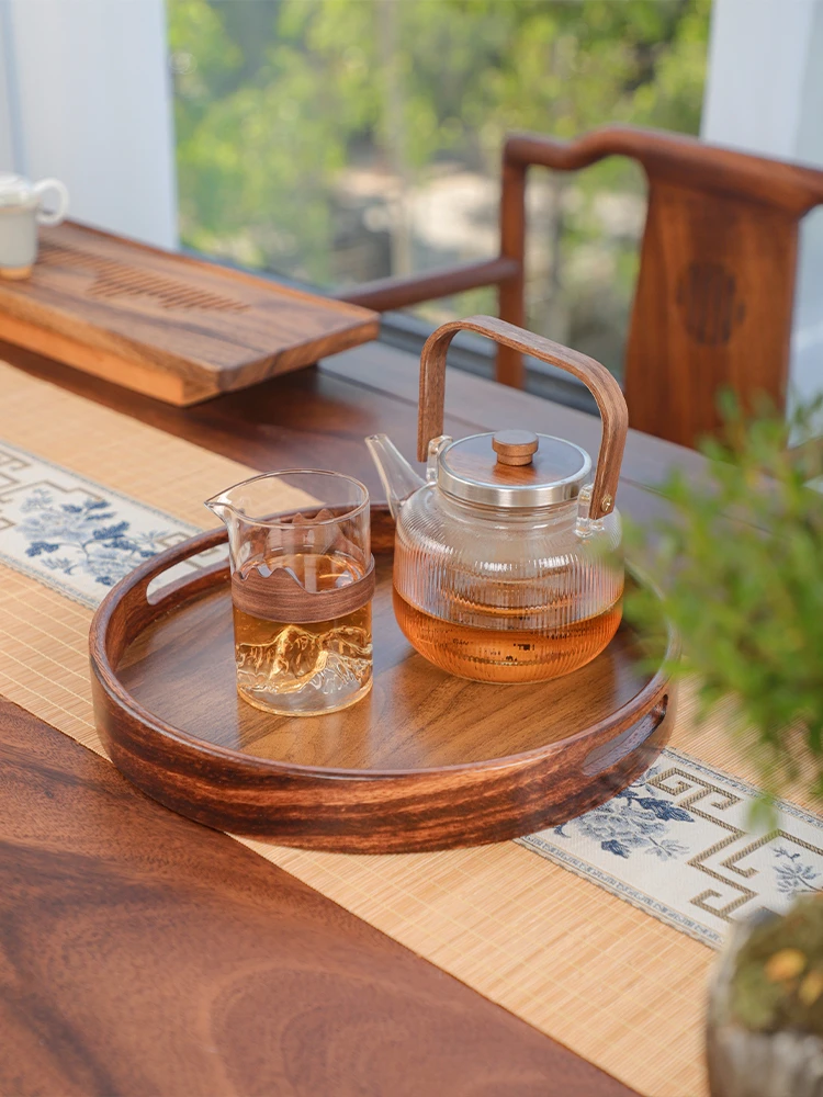 胡桃木大号圆形提手托盘 32*32*4.3 （hp159）