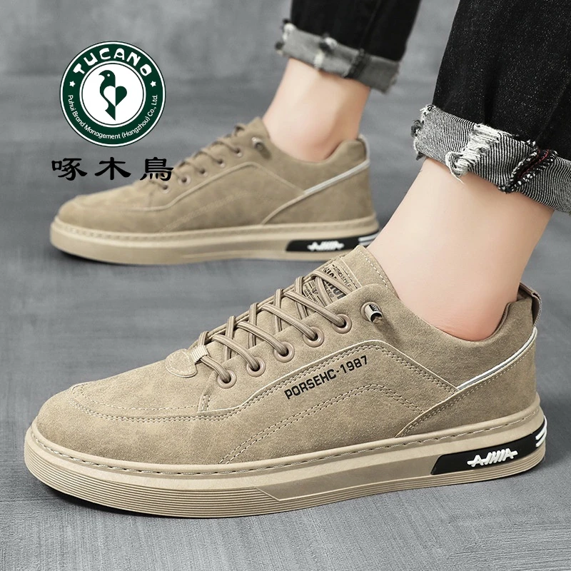 啄木鸟2024春季新款男鞋潮流板鞋男韩版运动休闲鞋皮革面低帮鞋男