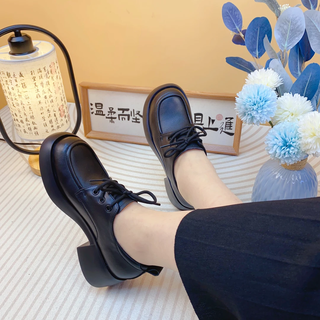 5162纯牛皮秋季时尚黑色系带真皮粗跟百搭厚底英伦风圆头乐福鞋