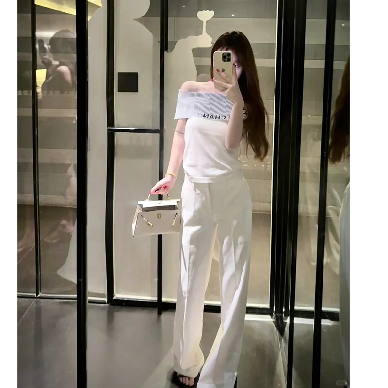 【性感女王】夏季新款一字肩拼色条纹修身显瘦针织上衣高腰显瘦长裤