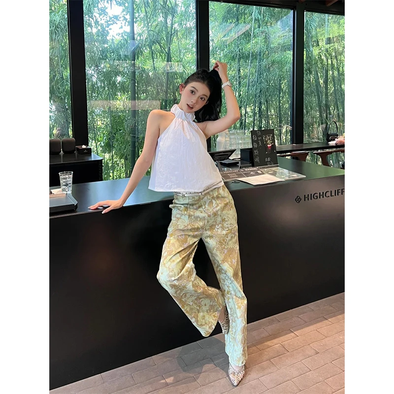 2024夏季新款设计感小众别致挂脖式上衣女配高腰显瘦直筒阔腿裤