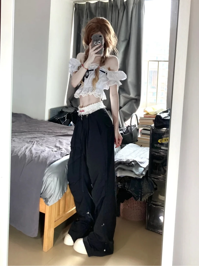 夏季新款设计感方领短款泡泡袖短袖衬衫上衣搭高腰显瘦直筒休闲裤