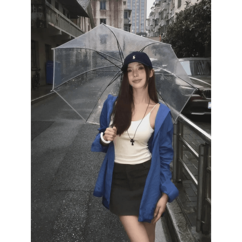 慵懒复古港风宽松休闲长袖防晒衬衫上衣女百搭短款吊带A字包臀裙