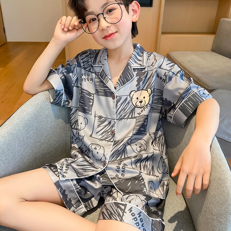 男童冰丝睡衣夏季薄款短袖短裤儿童中大童男孩卡通开衫套装家居服
