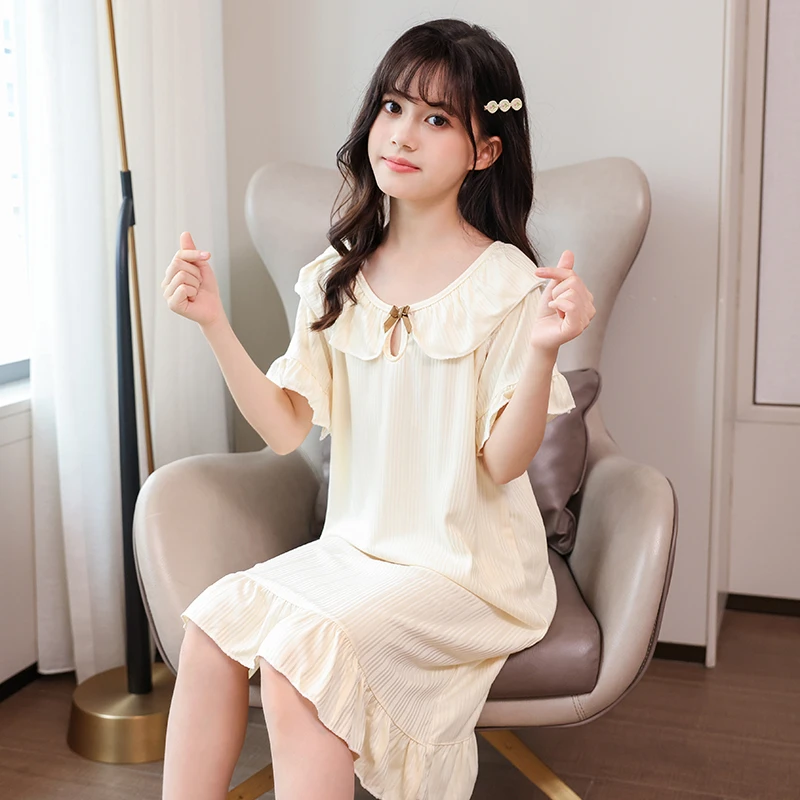 儿童睡衣夏季公主温柔舒适短袖女童睡裙中大童小女孩慵懒风连衣裙