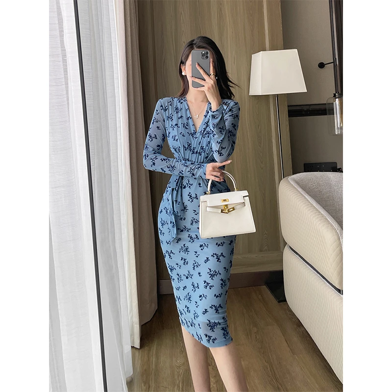 【现货清仓】雾霾蓝网纱连衣裙女气质V领长袖绑带修身包臀一步裙