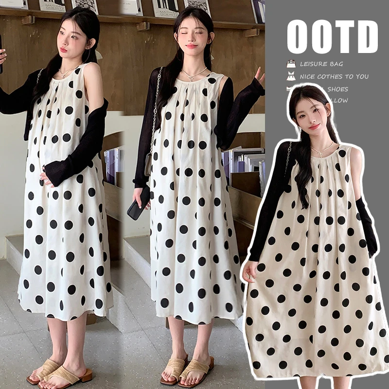 孕妇装早秋韩版时尚显瘦宽松波点连衣裙裙慵懒风减龄开衫外穿百搭