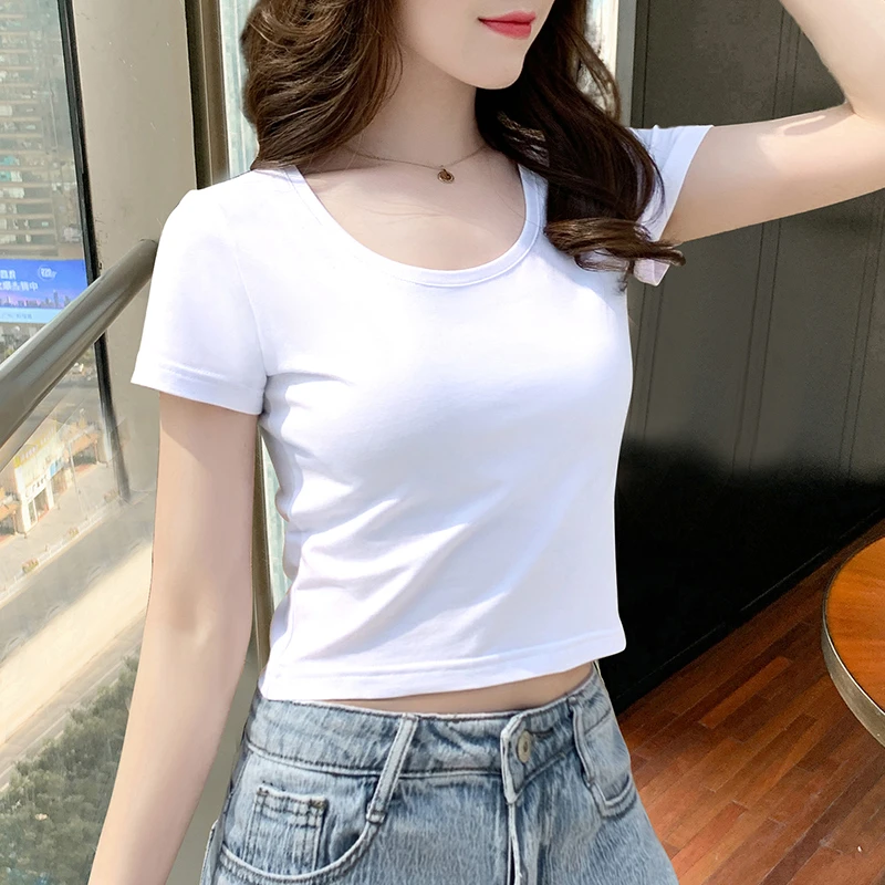 白色短款t恤女装短袖2026新款修身夏季设计感小众高腰露脐上衣ins