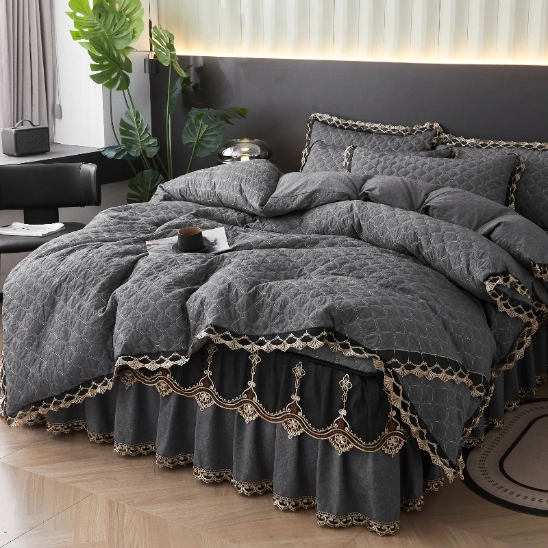 高档A类纯棉母婴级四件套100全棉纯色被罩夹棉加厚床裙防滑罩床