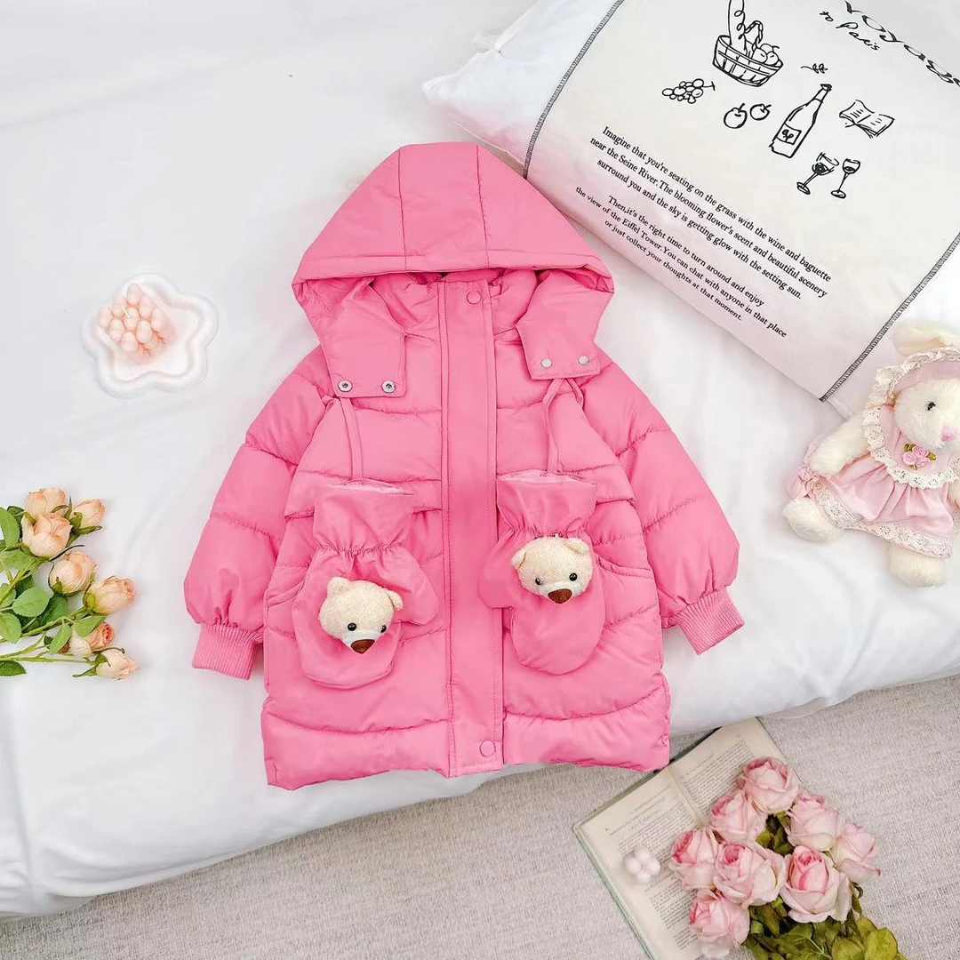 冬款新款女童韩版时尚纯色加棉连帽外套（自带棉手套）.D-ZK65