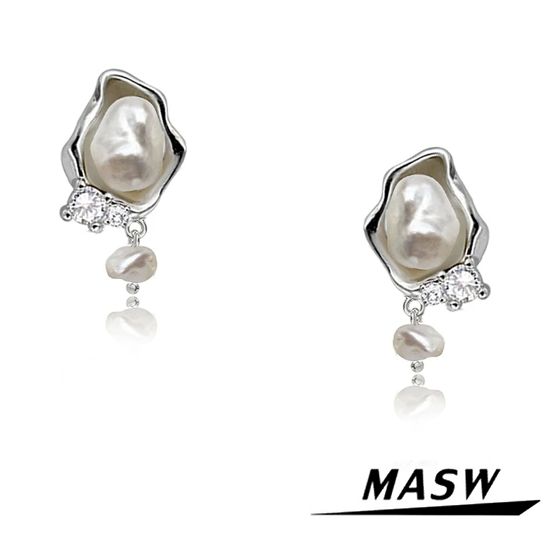 masw/麻秀 铜合金耳饰 巴洛克珍珠耳钉女小众银针耳饰M1946