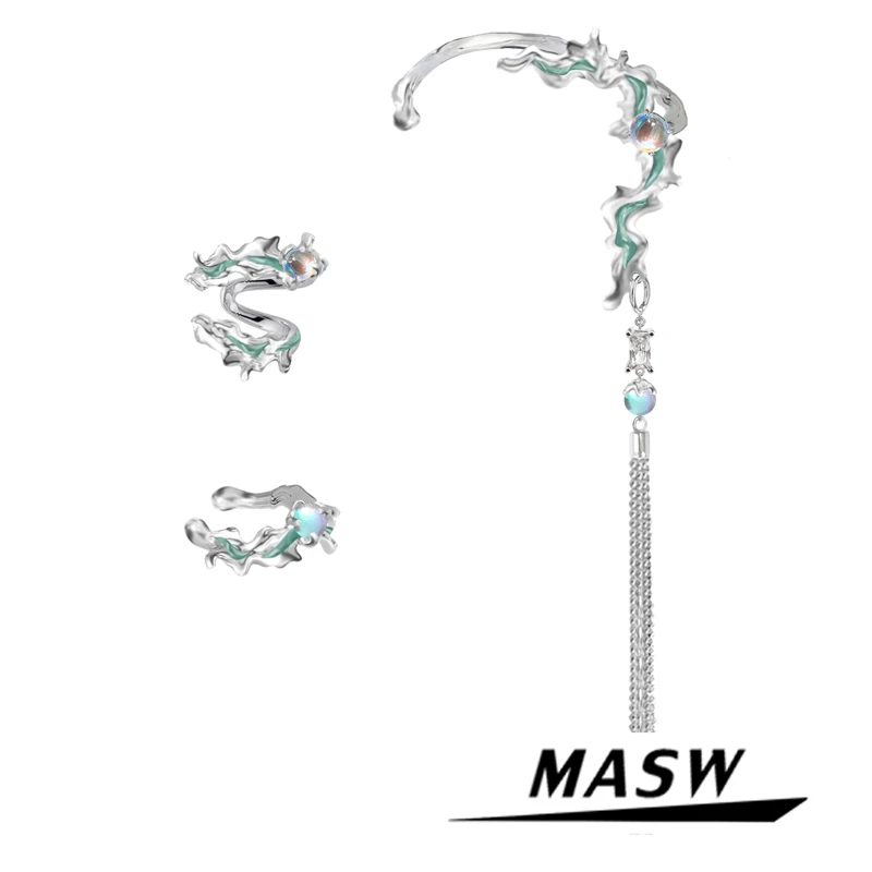 masw/麻秀 铜合金玻璃耳饰 原创星辰大海不对称流苏耳挂耳夹M935
