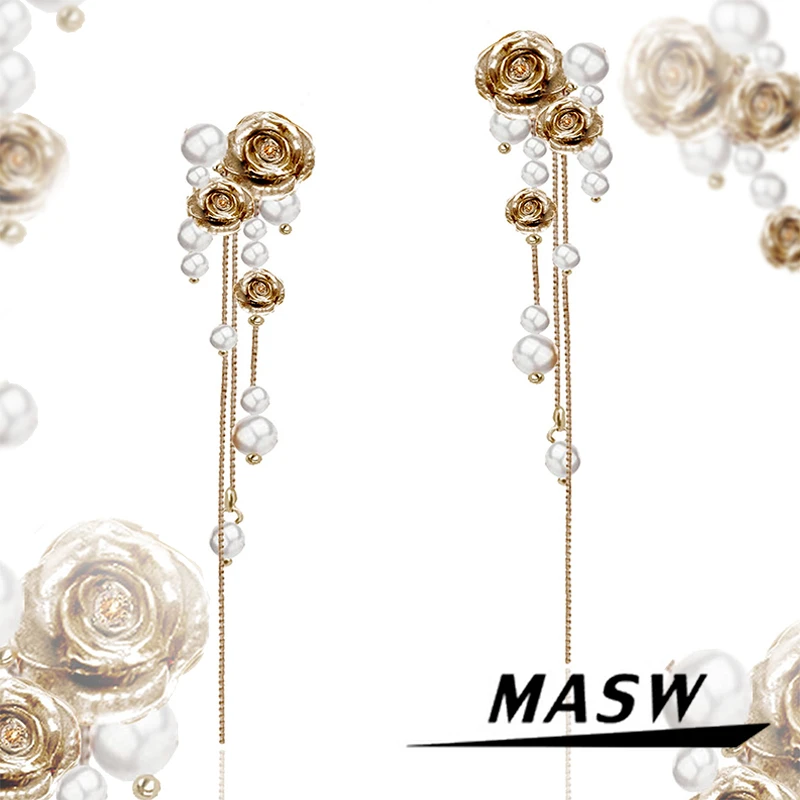 masw/麻秀 铜合金仿珍珠耳饰 复古香槟玫瑰耳钉流苏耳环耳饰M3548
