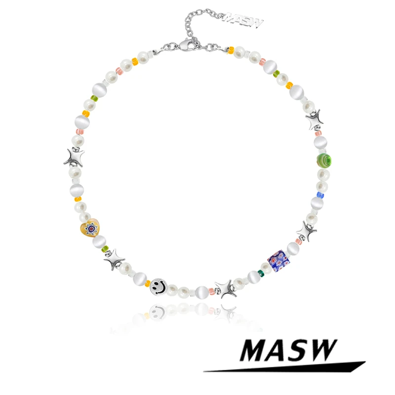 masw/麻秀 铜合金仿珍珠项链 春夏彩色串珠项链女甜美锁骨链M758