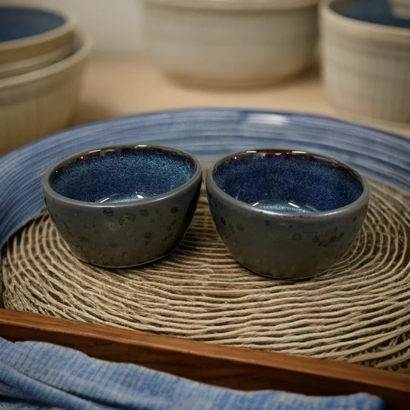 辣2014 四件套窑变蓝色米饭碗4英寸微瑕家用陶瓷400毫升蒸蛋碗