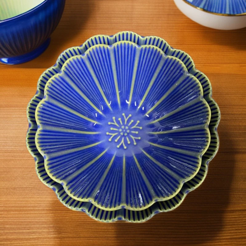 陶瓷釉下彩窑变蓝两件套花边斗笠碗   蓝色复古家用创意日式易洗