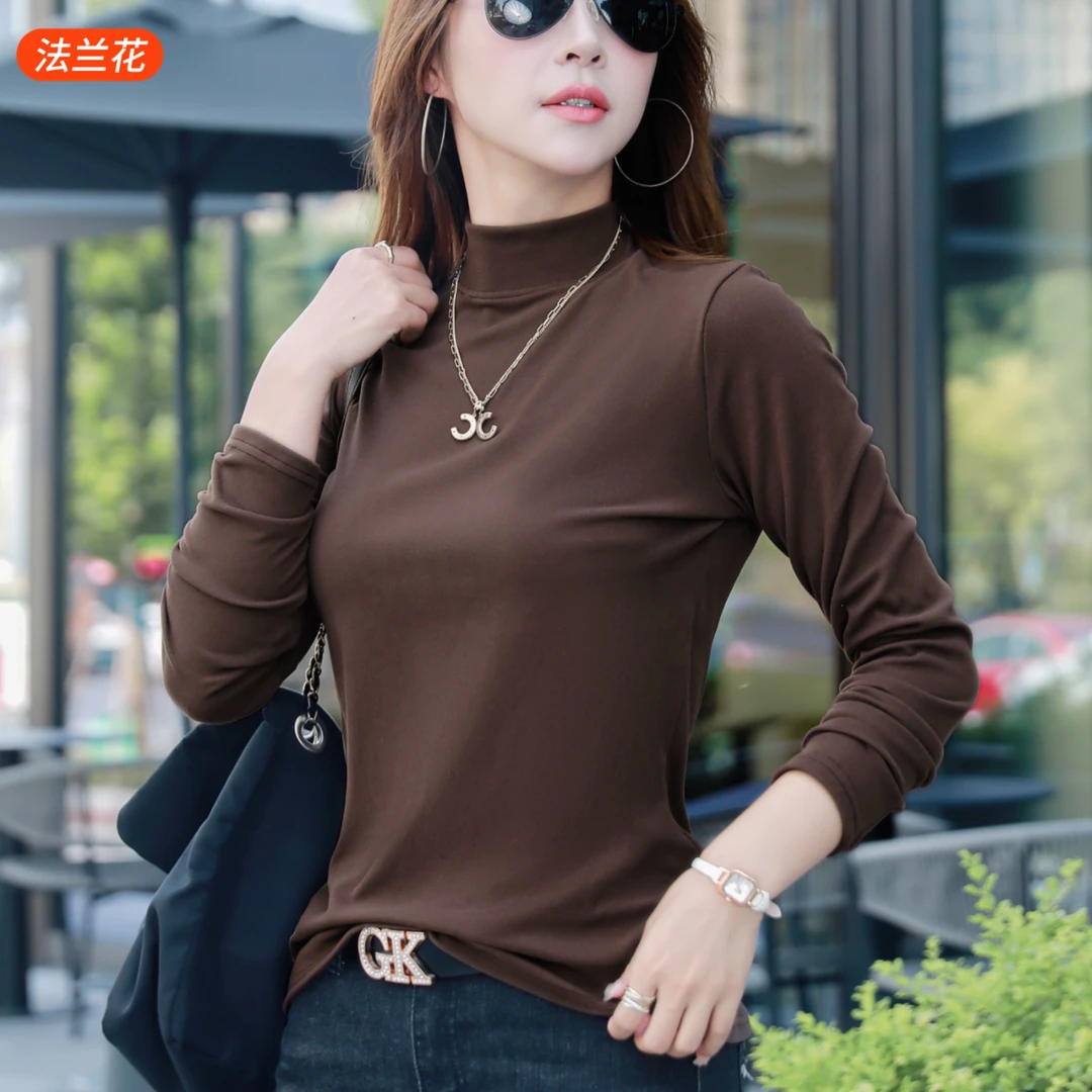 法兰花打底衫半高领女春秋冬季长袖t恤修身百搭中领椰绒高档女装