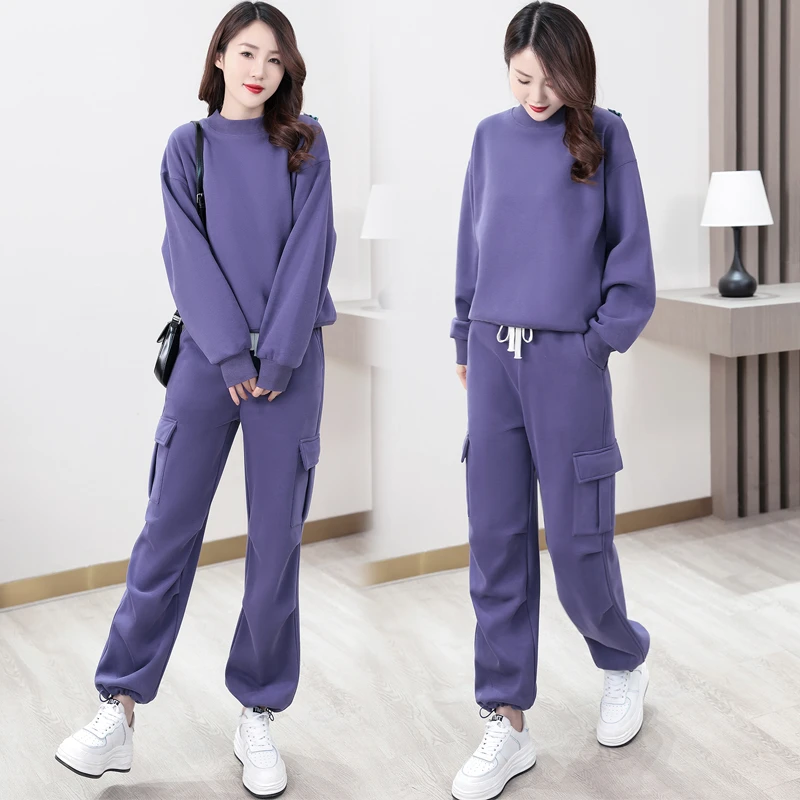 2025秋冬新款时尚加厚加绒休闲运动套装女圆领卫衣洋气显瘦两件套