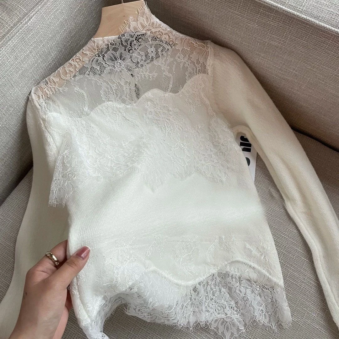 2024秋冬季新款蕾丝拼接立领内搭打底衣精致温柔杏色长袖针织衫女