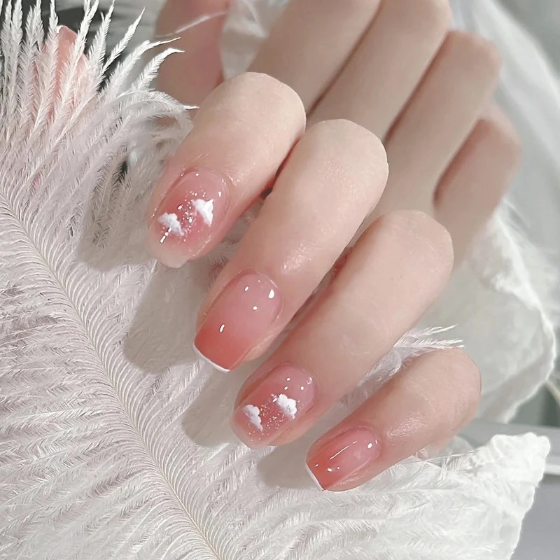 【短款】W47 短款手工穿戴甲白边云朵腮红美甲