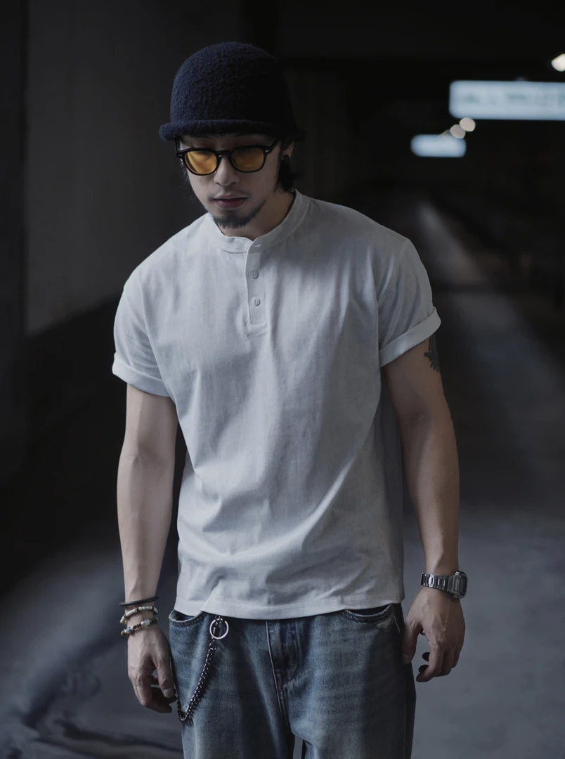 【清仓No退No换】宽松休闲美式男士亨利领T恤