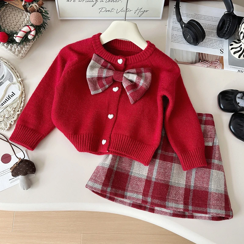 【时颖】女童秋季洋气套装女宝开衫毛衣外套格子半身裙两件套潮