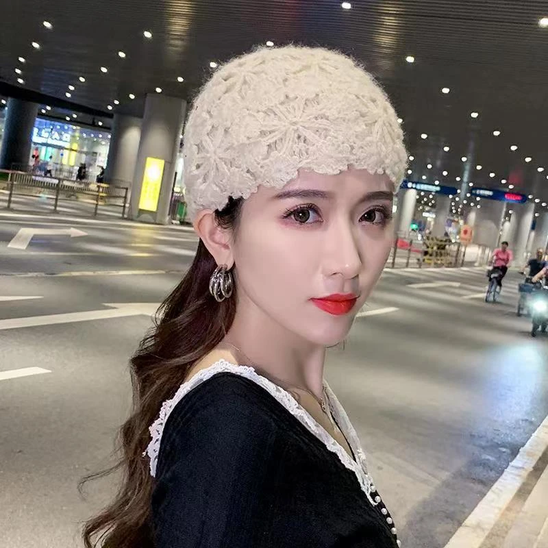 日系小众复古手工双层钩花包头帽女套头帽秋冬韩版时尚针织毛线帽