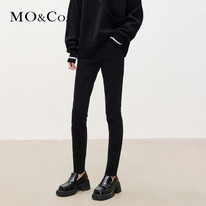 MOCO秋冬季黑色小脚裤棉质高腰修身弹力牛仔裤MBC4JENT04