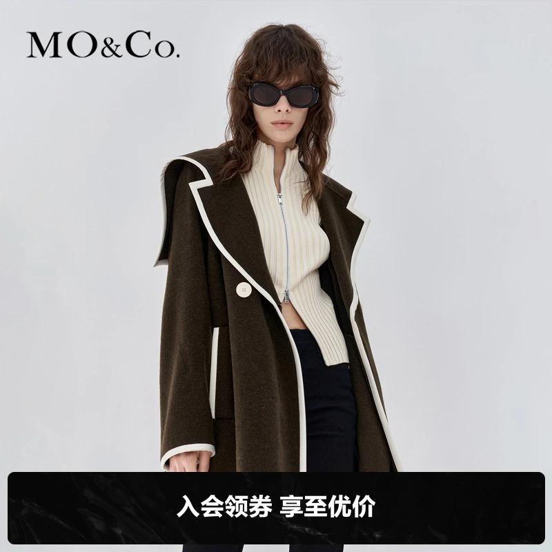 MOCO秋季撞边海军领绵羊毛混纺毛呢外套撞色防寒MBB3OVC002