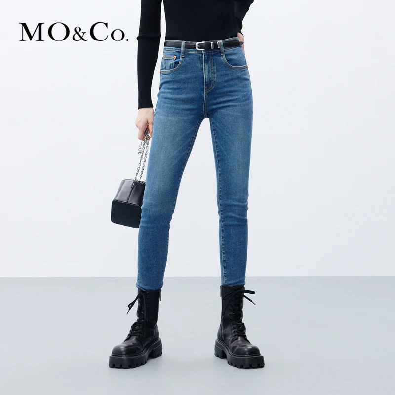 MOCO秋深蓝色棉弹高腰修身牛仔裤小脚裤MBC3JENK06