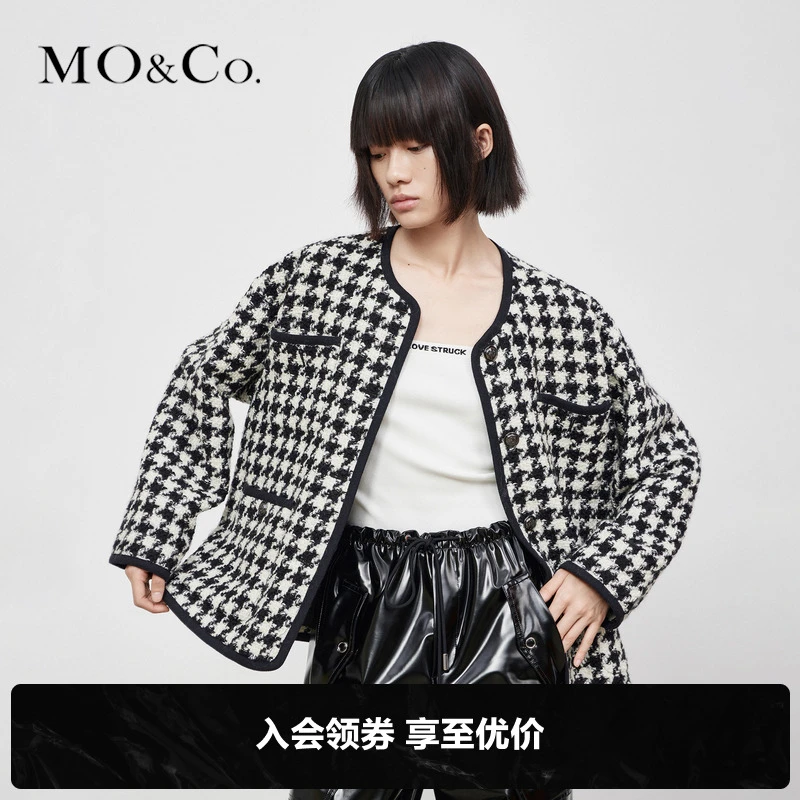 MOCO秋设计感羊毛混纺复古廓形千鸟格纹外套女热力感MBB3COTT09