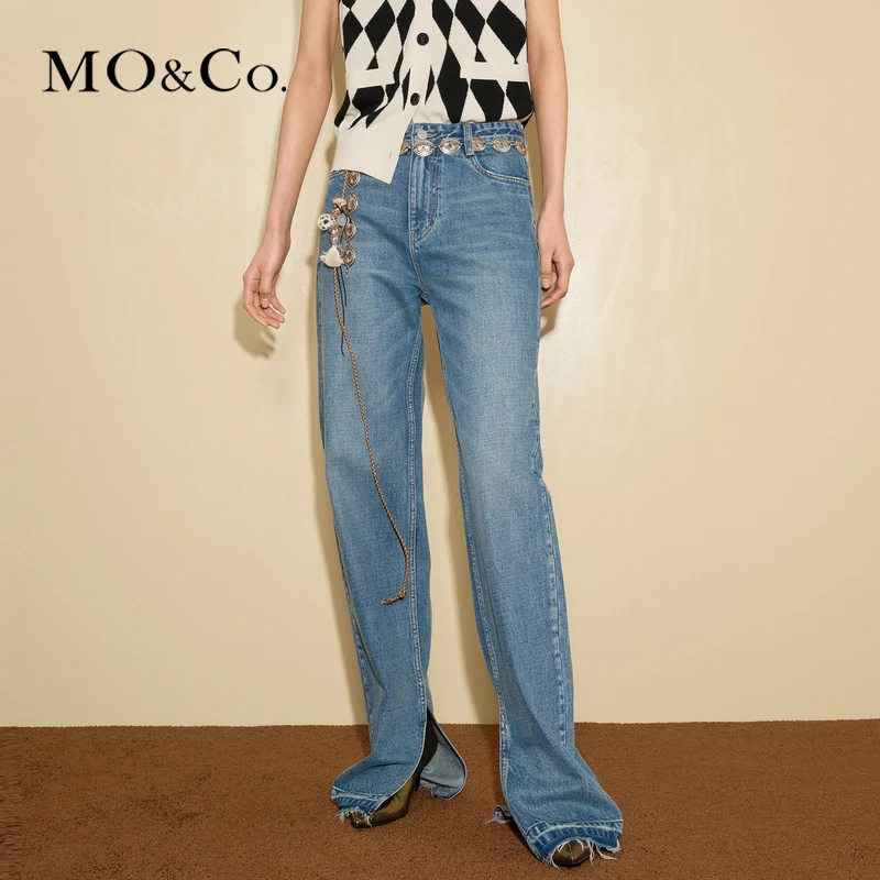 MOCO高腰手工拉线开叉及地直筒牛仔裤丹宁风MBC3JEN014