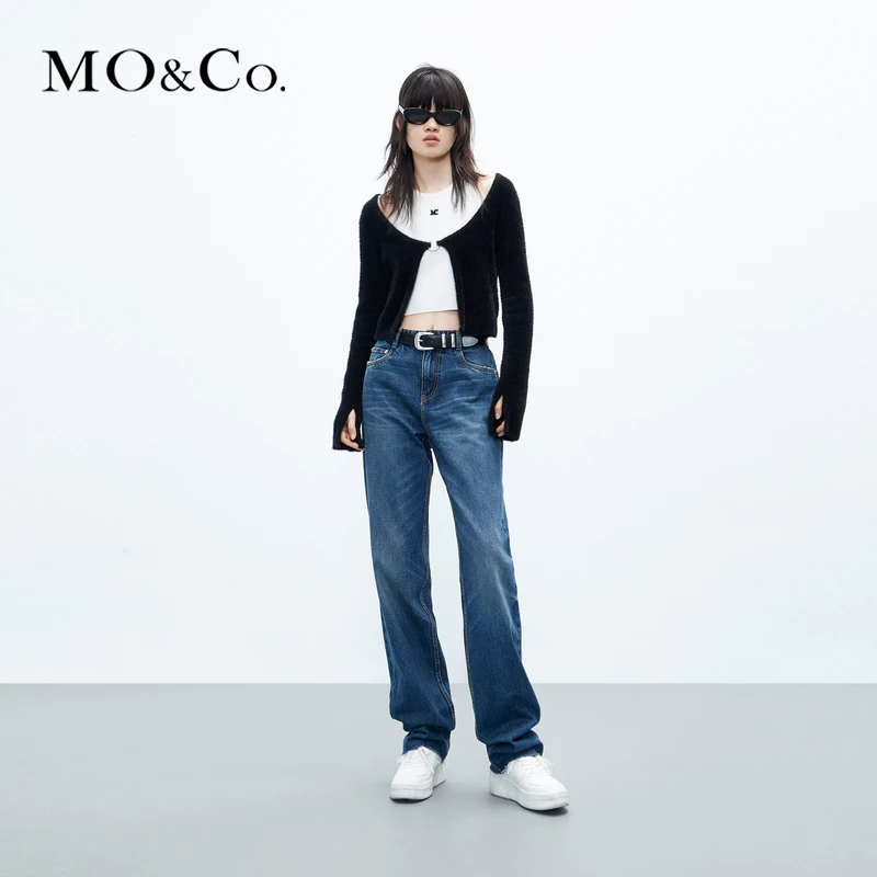 MOCO秋金属环扣短款羽毛纱针织开衫两件套MBC3CAR022
