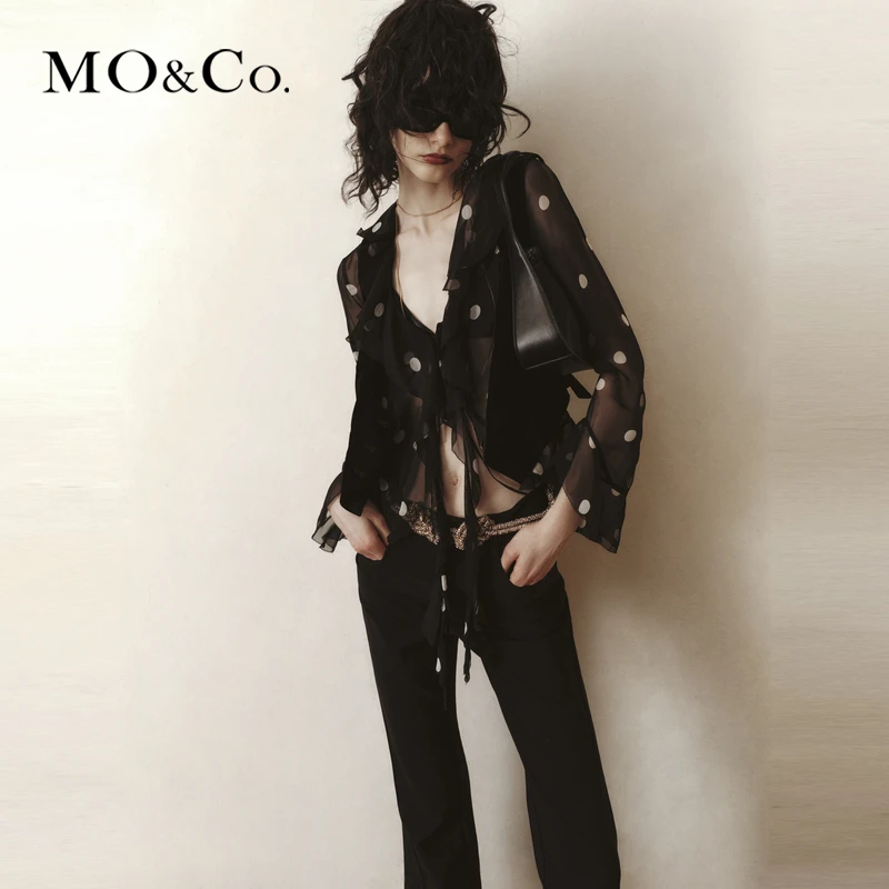 MOCO秋含桑蚕丝荷叶边系带波点短款衬衫MBC3SHT011