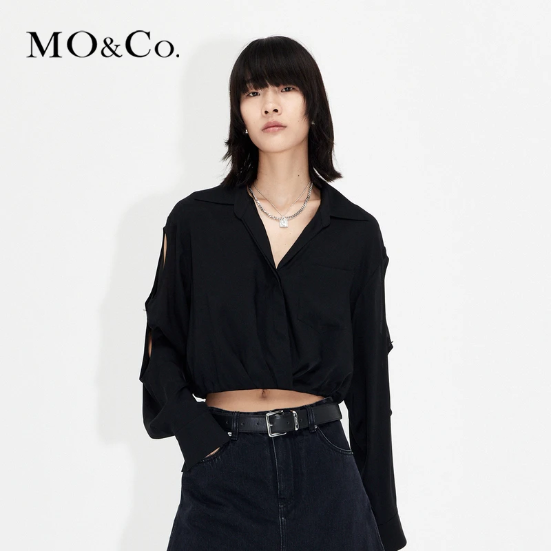 MOCO桑蚕丝混纺解构镂空衬衫短款上衣辣妹风感波粒MBC2TOP017