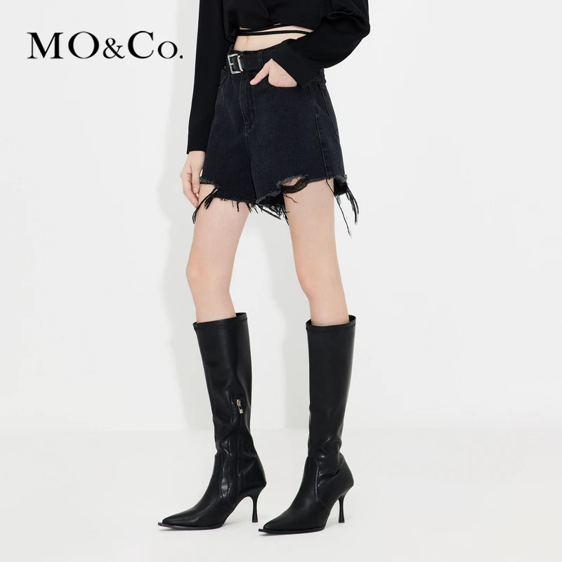 MOCO夏做旧烂边高腰牛仔短裤MBC2SOT021