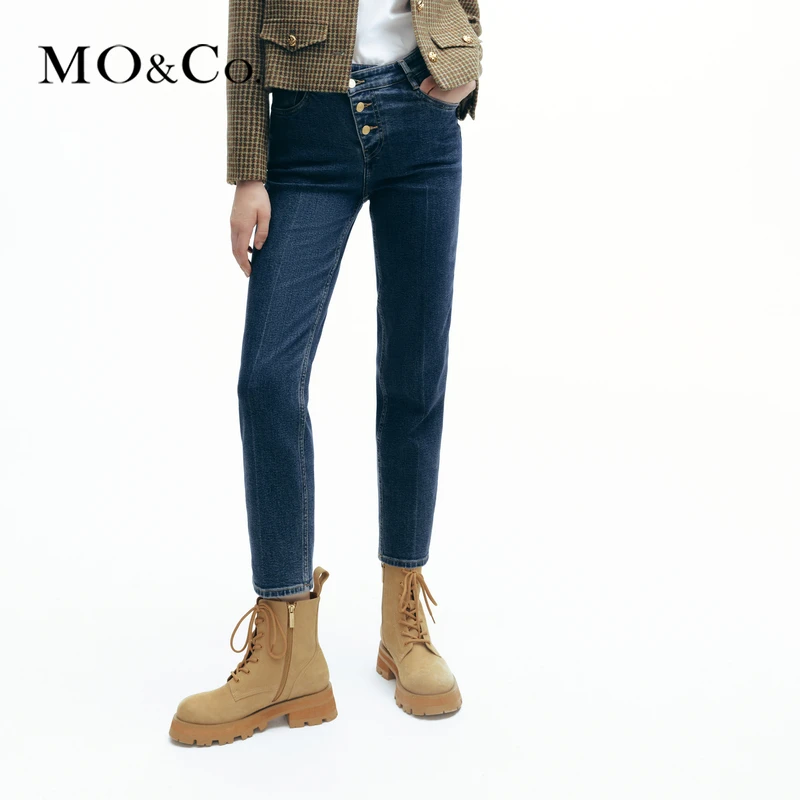 MOCO棉质高腰直筒蓝色九分牛仔裤休闲水洗修身弹力MBB4JENT12