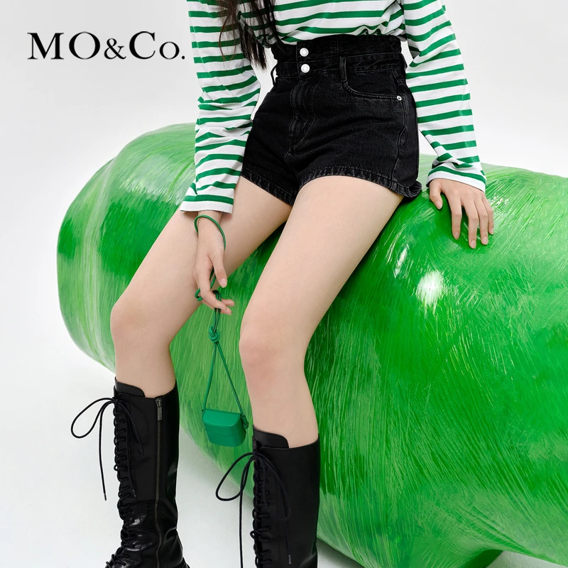 MOCO双腰头高腰黑色棉牛仔短裤MBC3SOTT01